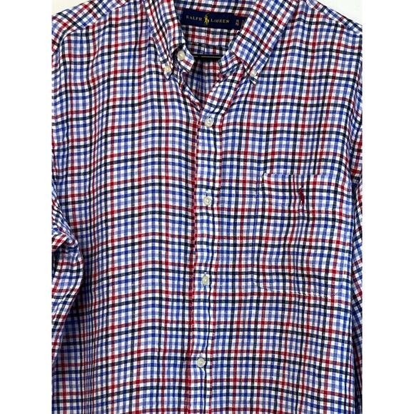 Ralph Lauren Men's XL Red/White/Blue 100% Linen Long Sleeve Button Down Shirt - Picture 6 of 7